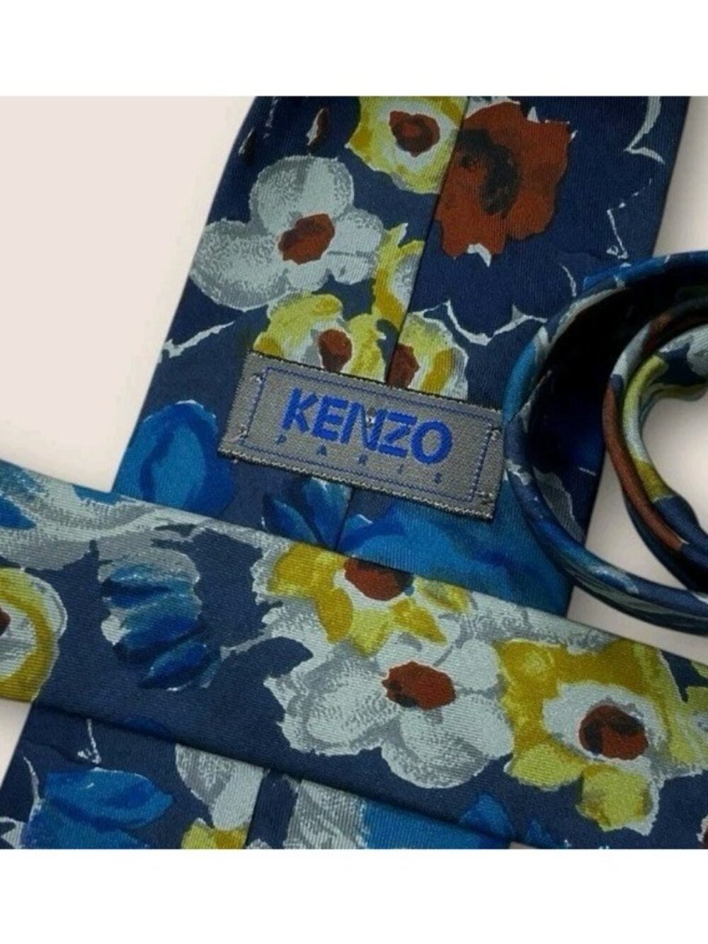 KENZO Silk Tie ITALY Blue Brown Yellow Floral W:3.7" EUC - Picture 2 of 5